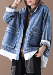 Beautiful stand collar zippered Fine crane coats denim blue Art women coats WG-CTS191018