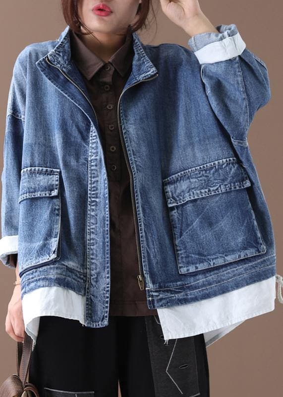 Beautiful stand collar zippered Fine crane coats denim blue Art women coats WG-CTS191018