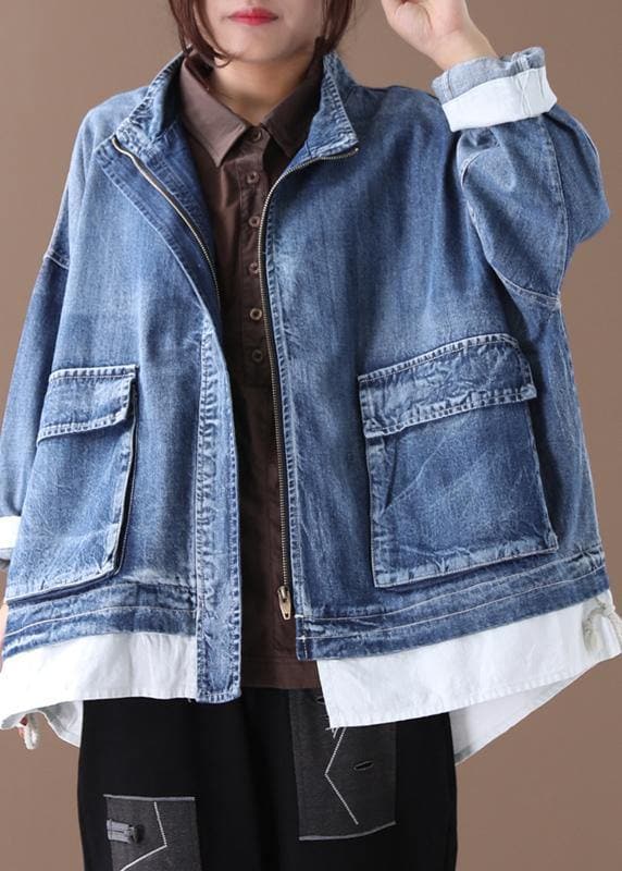 Beautiful stand collar zippered Fine crane coats denim blue Art women coats WG-CTS191018