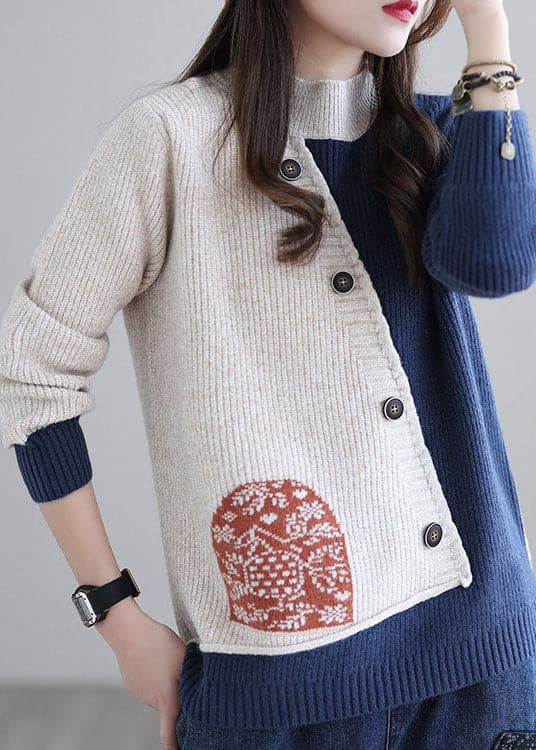 Beige Blue Print Loose Knitted Tops button Spring GK-NTP220221