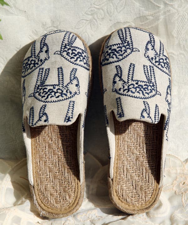 Beige Cotton Fabric Comfy Embroideried Slide Sandals SHOE-LT220328