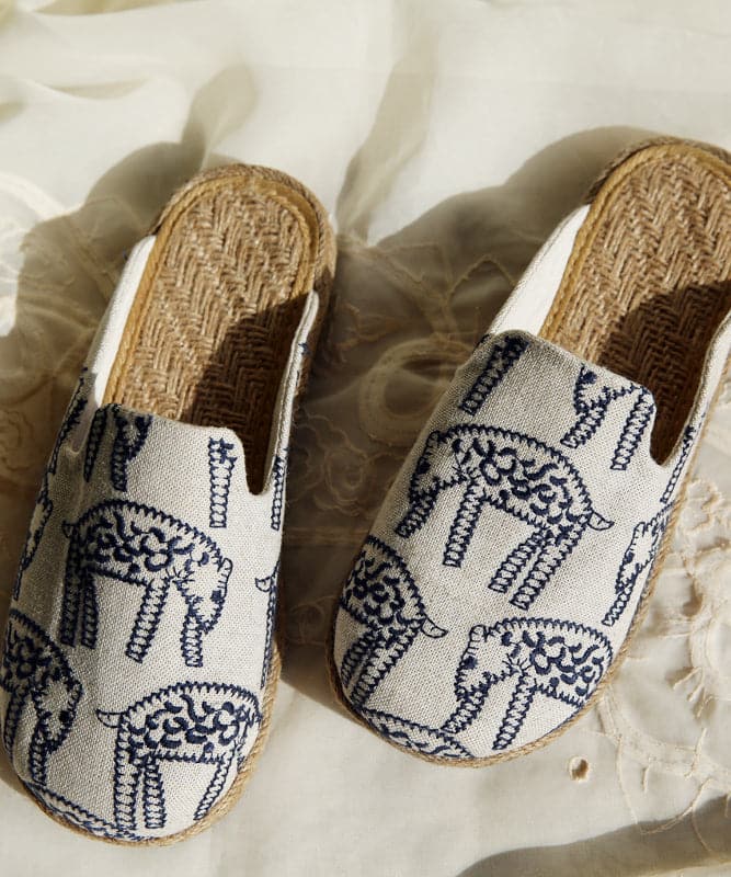 Beige Cotton Fabric Comfy Embroideried Slide Sandals SHOE-LT220328