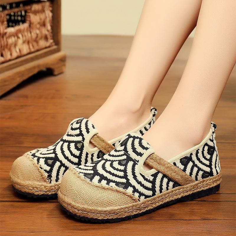 Black Cotton Linen Fabric Flat Shoes Splicing Flat Shoes For Women PDX210706