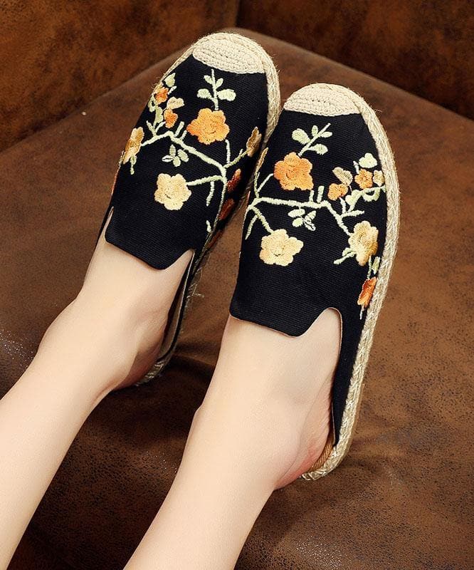 Black Embroideried Cotton Fabric Slippers Shoes LT210706