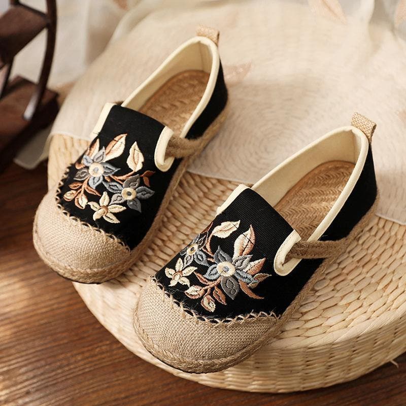 Black Embroideried Cotton Linen Fabric Splicing Flat Shoes PDX210630