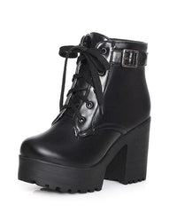 Black Faux Leather Boots Cross Strap Chunky Heel XZ-XZ210804