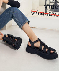 Black Faux Leather Flat Sandals Buckle Strap Hiking Sandals LX210723