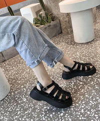 Black Faux Leather Flat Sandals Buckle Strap Hiking Sandals LX210723