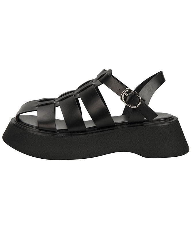 Black Faux Leather Flat Sandals Buckle Strap Hiking Sandals LX210723