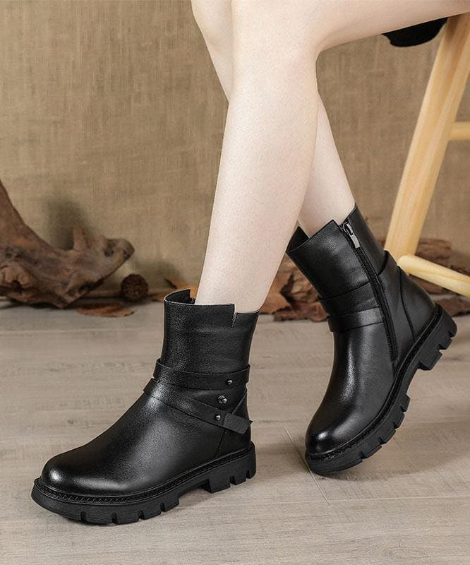 Black Genuine Leather Platform  flat boots XZ-XZ210804