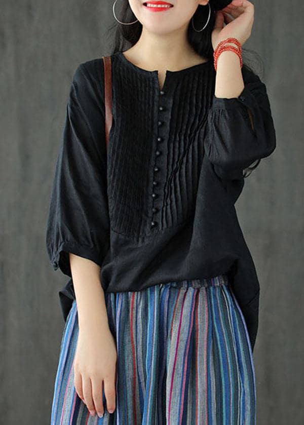 Black Oversized Linen Tank O-Neck Wrinkled Oriental Button Short Sleeve GK-HTP220815