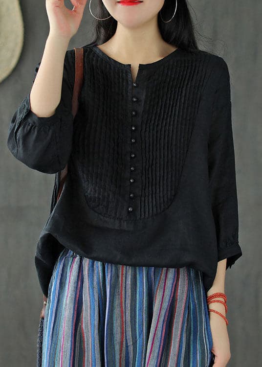 Black Oversized Linen Tank O-Neck Wrinkled Oriental Button Short Sleeve GK-HTP220815