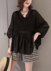 Black V Neck Hollow Out Lace Top Long Sleeve gk-LTP220722