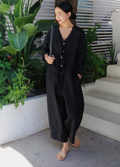 Black V Neck Tie Waist Linen Jumpsuit Spring dylinoshop