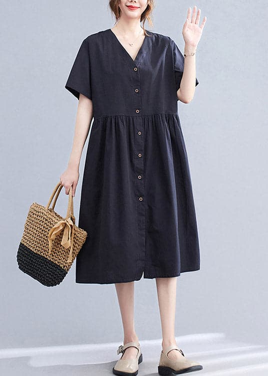 Black V Neck Wrinkled Cotton Long Dress Short Sleeve gk-SDL220722