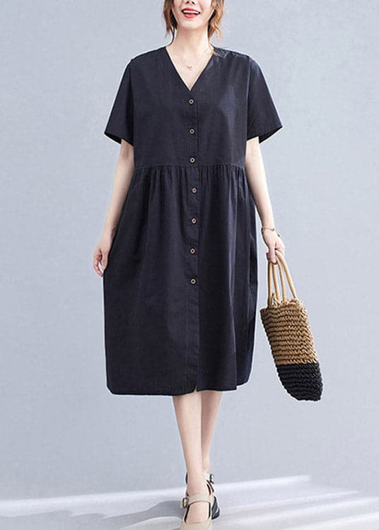 Black V Neck Wrinkled Cotton Long Dress Short Sleeve gk-SDL220722