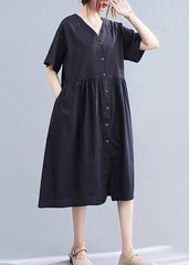 Black V Neck Wrinkled Cotton Long Dress Short Sleeve gk-SDL220722