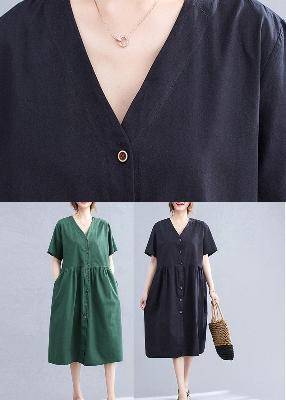 Black V Neck Wrinkled Cotton Long Dress Short Sleeve gk-SDL220722