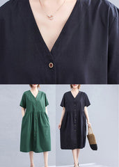 Black V Neck Wrinkled Cotton Long Dress Short Sleeve gk-SDL220722