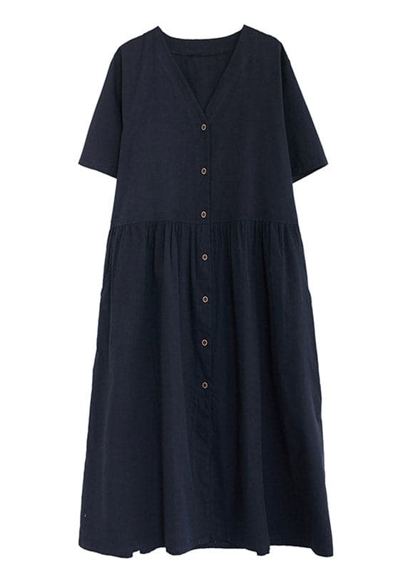 Black V Neck Wrinkled Cotton Long Dress Short Sleeve gk-SDL220722