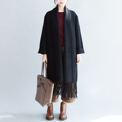 Black long cashmere coats oversized long woolen jackets tasseled cardigans CDG171028