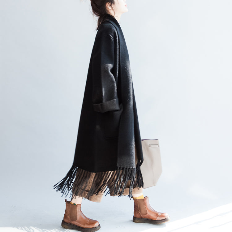 Black long cashmere coats oversized long woolen jackets tasseled cardigans CDG171028