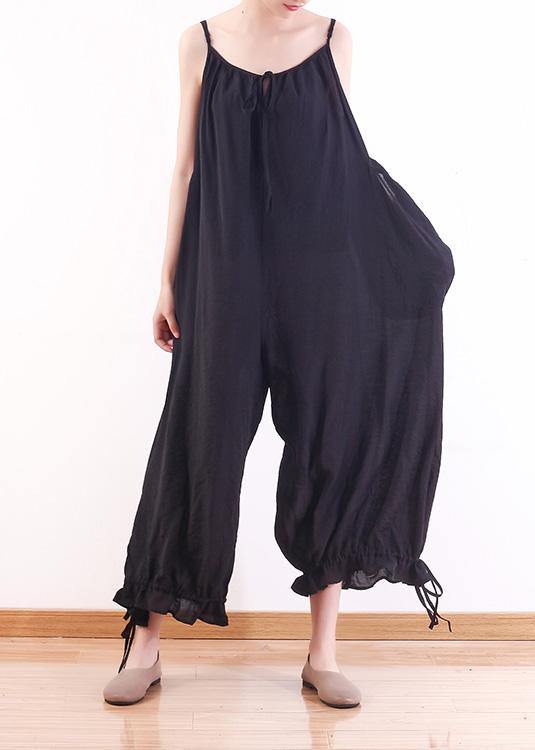 Black loose drawstring  suspender wide leg jumpsuit dylinoshop