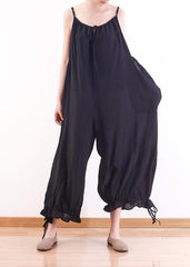 Black loose drawstring  suspender wide leg jumpsuit dylinoshop