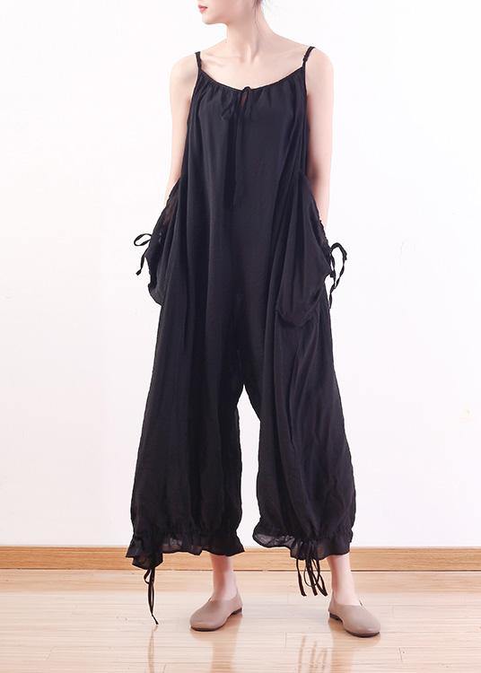 Black loose drawstring  suspender wide leg jumpsuit dylinoshop