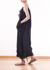 Black loose drawstring  suspender wide leg jumpsuit dylinoshop