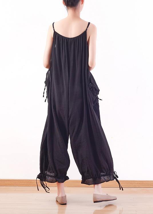 Black loose drawstring  suspender wide leg jumpsuit dylinoshop