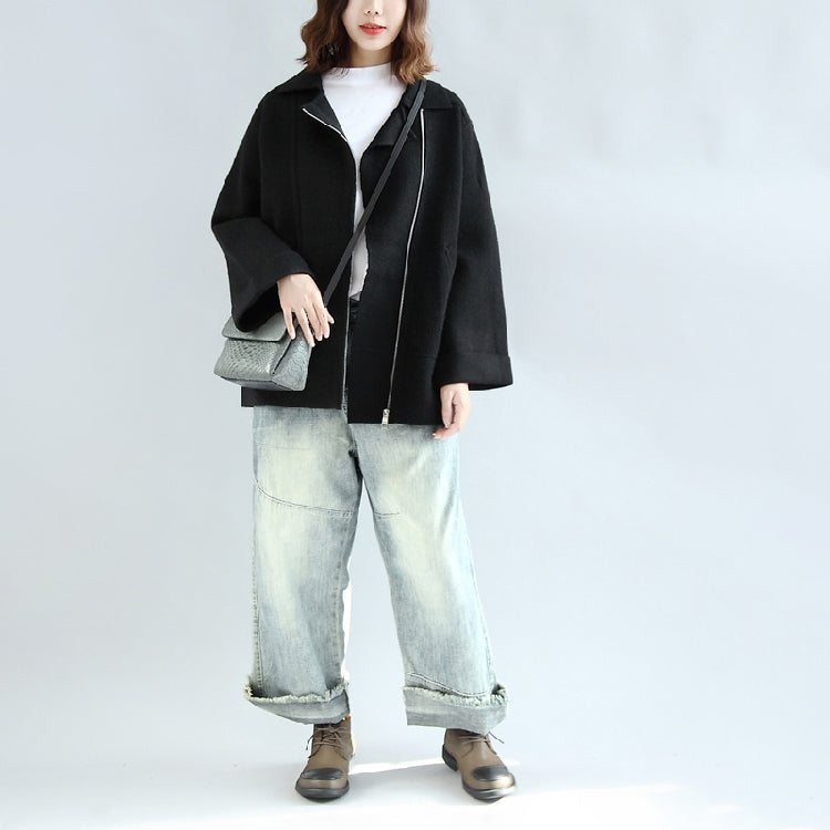 Black woolen cape coats oversized zippered short jackets CTS171028