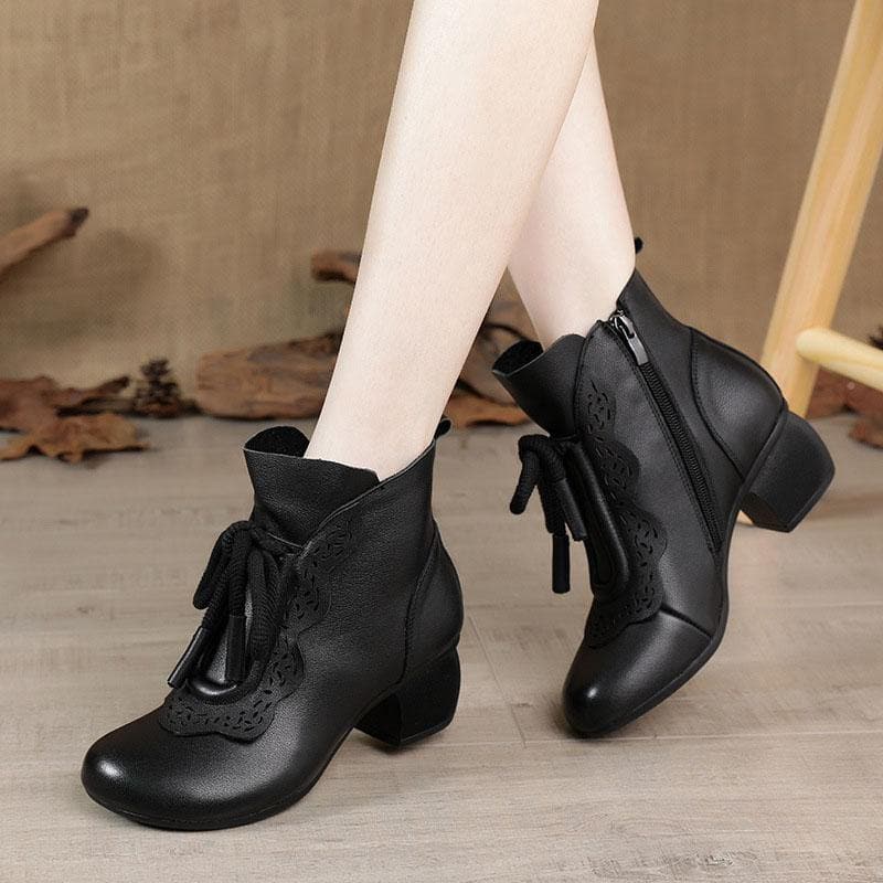 Black zippered Cowhide Leather Boots Lace Up Boots XZ-XZ210804