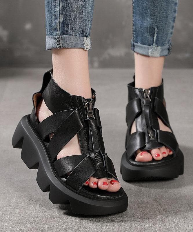 Black zippered Flat Platform Walking Sandals XZ-LX210624