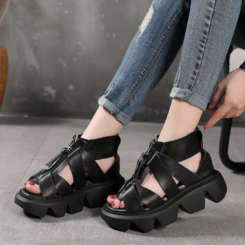 Black zippered Flat Platform Walking Sandals XZ-LX210624