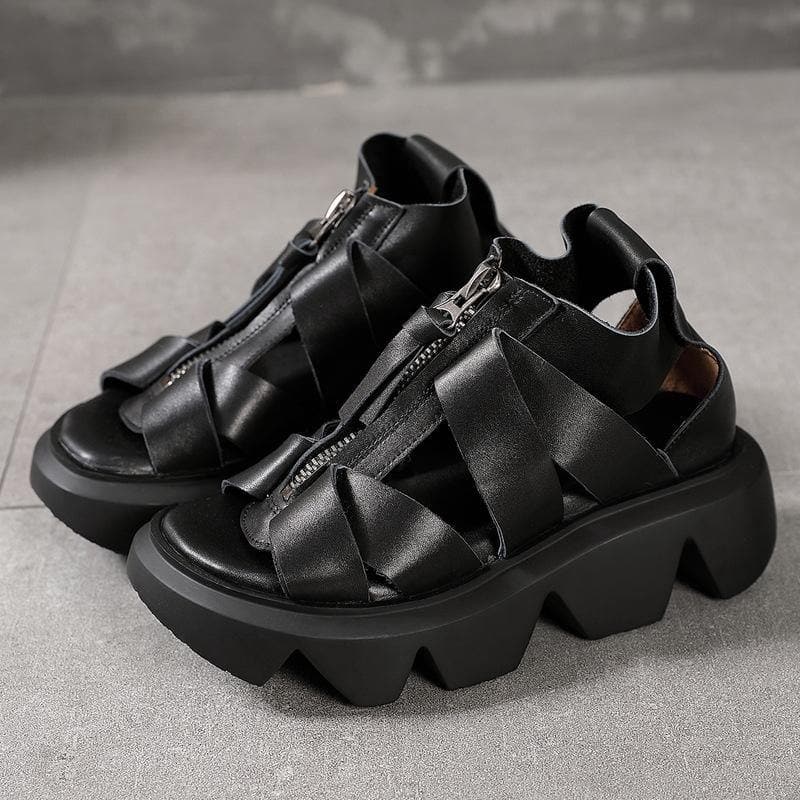 Black zippered Flat Platform Walking Sandals XZ-LX210624