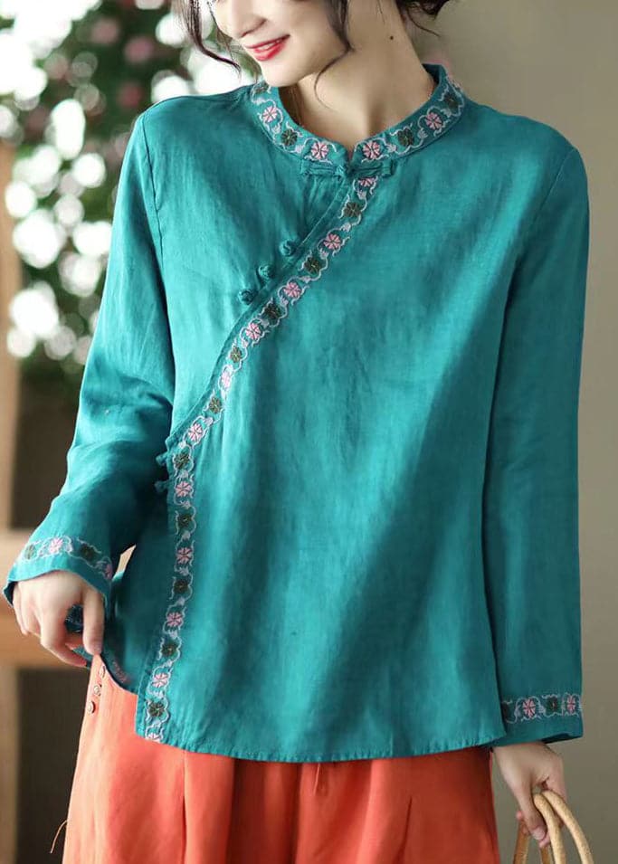 Blue Asymmetrical Design Linen Shirt Embroideried Long Sleeve DylinoShop