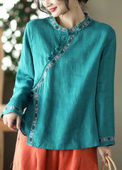 Blue Asymmetrical Design Linen Shirt Embroideried Long Sleeve DylinoShop