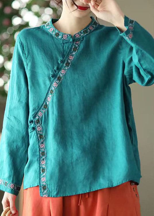 Blue Asymmetrical Design Linen Shirt Embroideried Long Sleeve DylinoShop