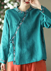 Blue Asymmetrical Design Linen Shirt Embroideried Long Sleeve DylinoShop