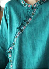 Blue Asymmetrical Design Linen Shirt Embroideried Long Sleeve DylinoShop