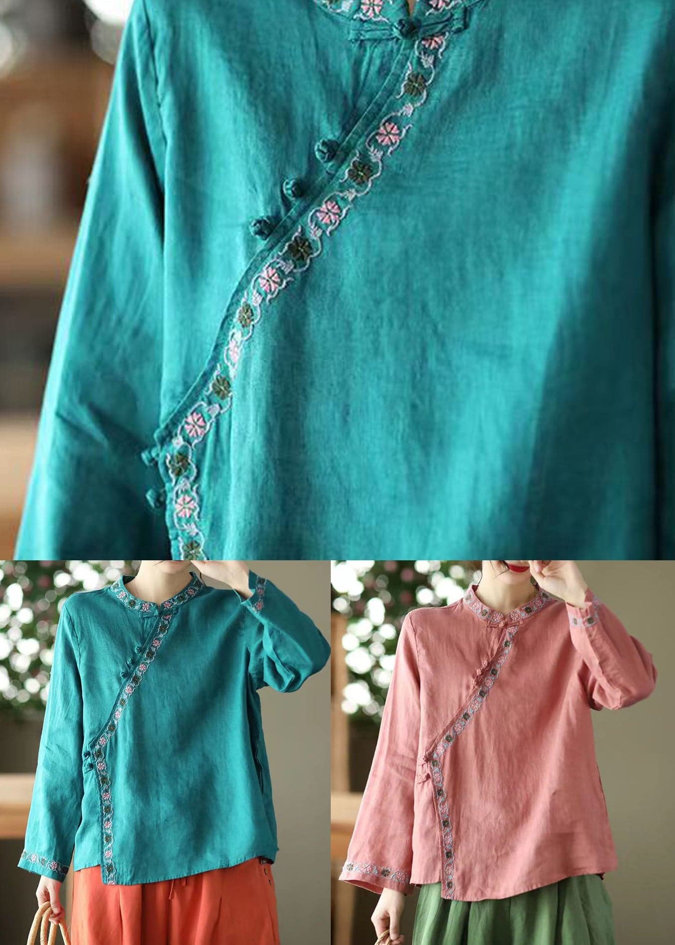 Blue Asymmetrical Design Linen Shirt Embroideried Long Sleeve DylinoShop