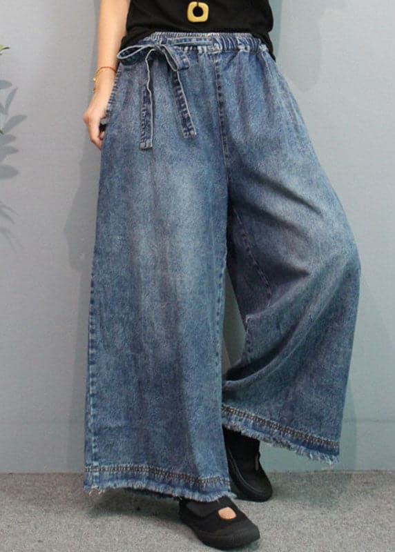 Blue Casual Retro Pockets Tie Waist Fall Wide Leg Denim Pants GK-LPTS210910