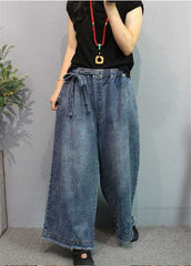 Blue Casual Retro Pockets Tie Waist Fall Wide Leg Denim Pants GK-LPTS210910