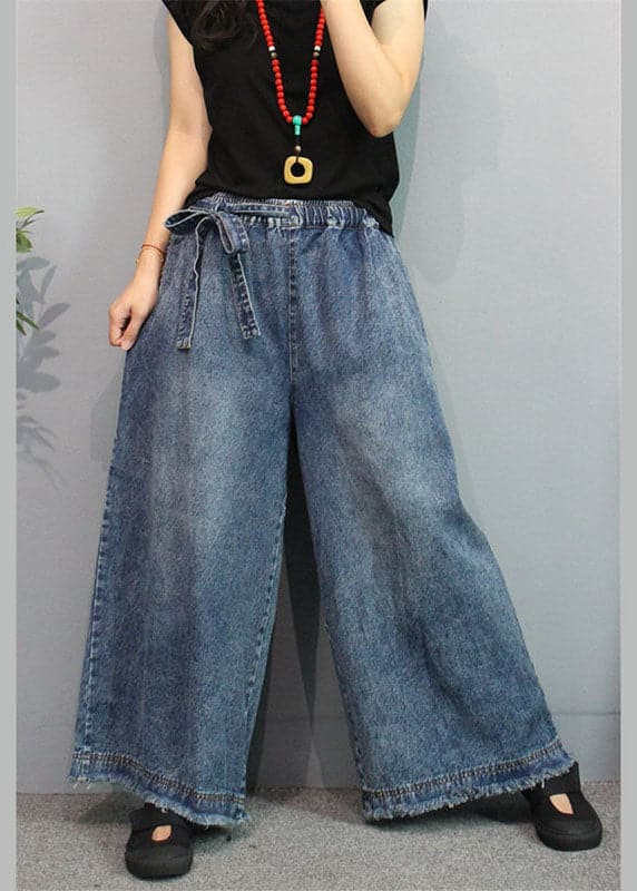 Blue Casual Retro Pockets Tie Waist Fall Wide Leg Denim Pants GK-LPTS210910