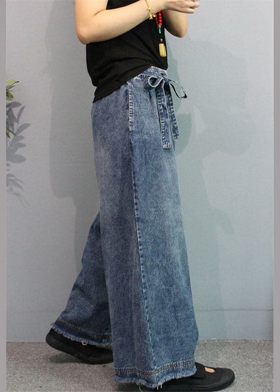 Blue Casual Retro Pockets Tie Waist Fall Wide Leg Denim Pants GK-LPTS210910