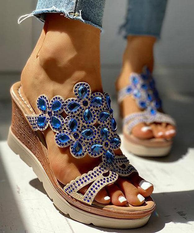 Blue Gemstone High Wedge Heels Faux Leather 2022 Peep Toe Slide Sandals Boho-LT220531