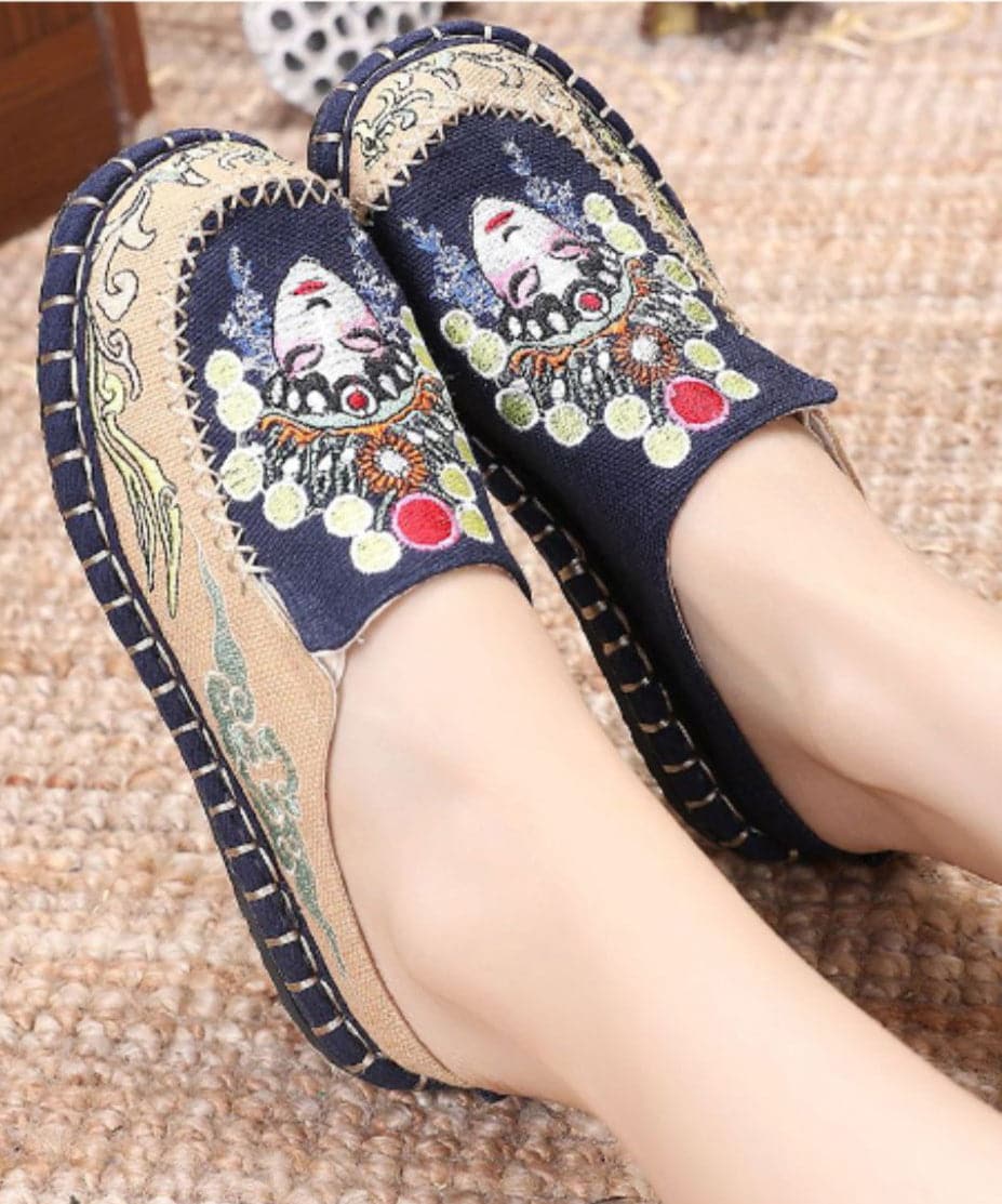 Blue Linen Fabric Unique Bei jing opera Embroideried Slide Sandals BX-XZ-LT20220401