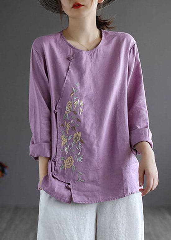 Blue Loose Linen Shirt Tops Embroideried Long Sleeve GK-LTP220301