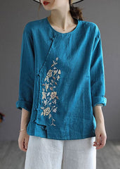 Blue Loose Linen Shirt Tops Embroideried Long Sleeve GK-LTP220301